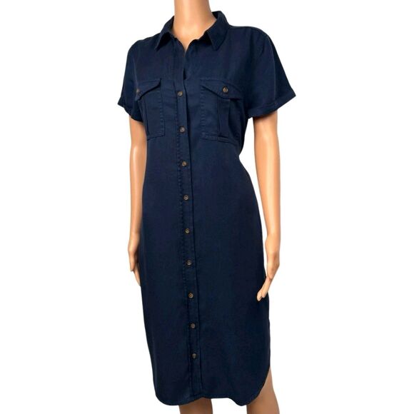 Teddi Rose Women's S Button Front Soft Tencel Midi Shirt Dress Belted Navy NWT - Picture 4 of 11